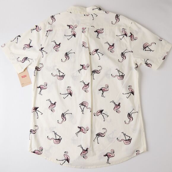 Levi’s Men’s Medium Ivory Flamingo Shirt Cotton Short Sleeve Button Down Summer - Picture 2 of 9